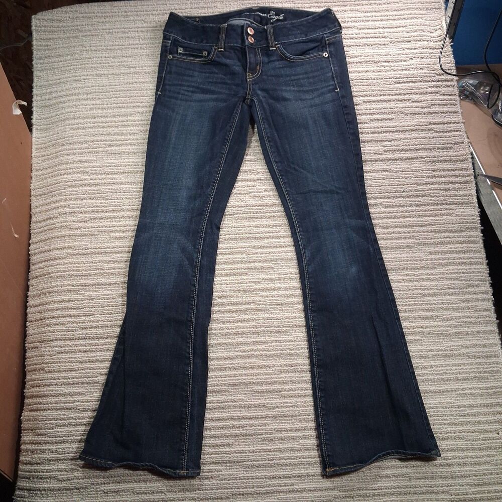 american eagle womens 0 short dark blue low rise bootcut flare jeans stretch y2k